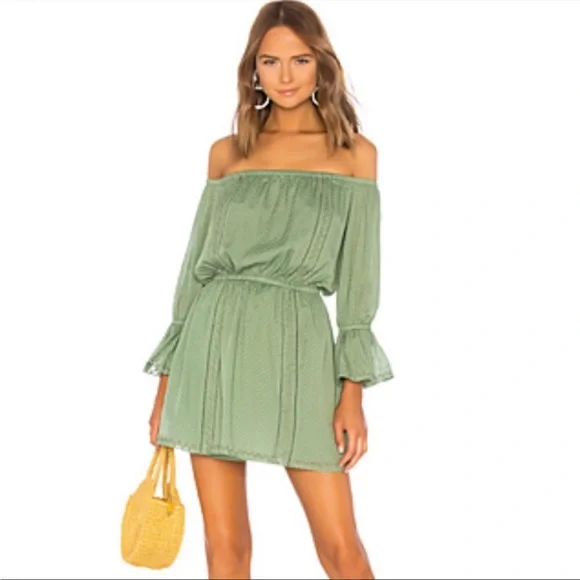 Tularosa Aritzia Luna Green Off The Shoulder Ruffle Mini Dress sz M - Picture 13 of 13